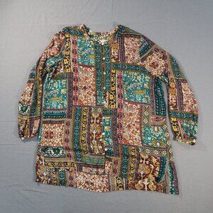 J Jill Shirt Womens Large Purple Green Patchwork Coastal Beachy Boho Flowy Loose